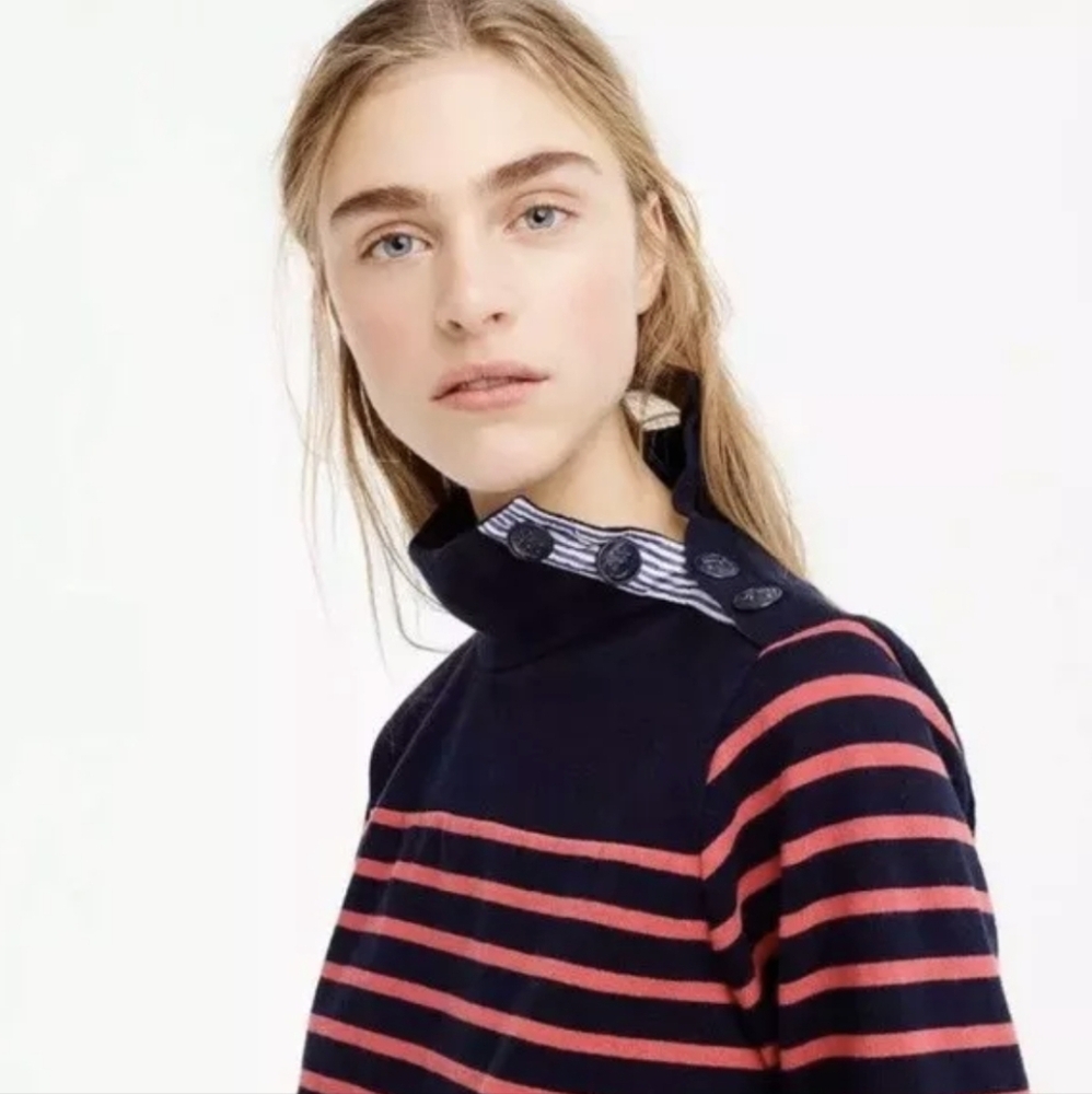 New J. Crew Coral Navy Nautical‎ Stripe TurtleNeck Longsleeve Sweater 100%Cotton - Picture 2 of 14